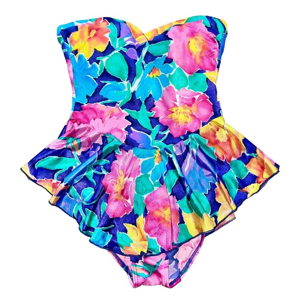 VTG 90’s Vibrant Colorful Floral Print Skirted One Piece Strapless Swimsuit
